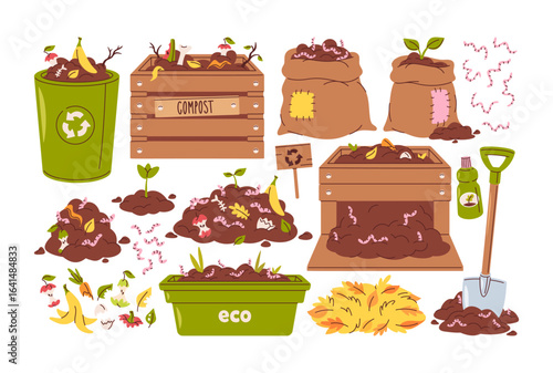 Organic composting and recycling elements set with eco-friendly waste heap, bins, wood crate, sacks