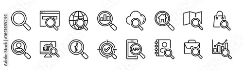 Search icon set. Contains searching, magnifying glass, find, research, explore and investigate for bar data analysis, map, shop, people, information, work, contact, app, network. Vector illustration