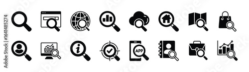 Search icon vector set. Contains searching, magnifying glass, find, research, explore and investigate for bar data analysis, map, shop, people, information, work, contact, app, network. Illustration