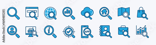 Set of search icon. Contains searching, magnifying glass, find, research, explore and investigate for bar data analysis, map, shop, people, information, work, contact, app, network vector illustration
