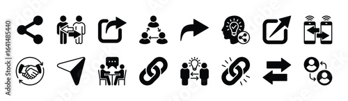 Share icon vector set. Contains sharing ideas, teamwork, data transfer, handshake agreement, meeting people, connection arrow, link, send. Illustration