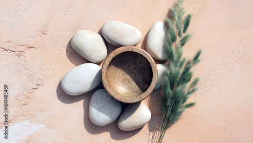Wallpaper Mural Smooth white stones surround wooden bowl with green grass Torontodigital.ca