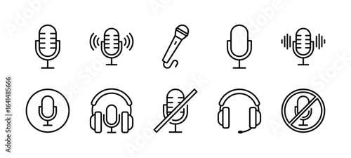 Microphone or mic button icon set. Contains headphone, mute, broadcast, podcast, broadcasting, audio vocal sound, voice, music karaoke, musical studio, loudspeaker. Vector illustration