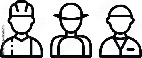 Vector art of three stylized line art figures representing different professions, including a construction worker, isolated on a white background