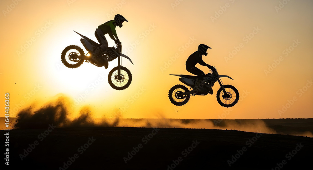 Obraz premium Two silhouetted dirt bike riders mid-air against a golden sunrise or sunset sky. 