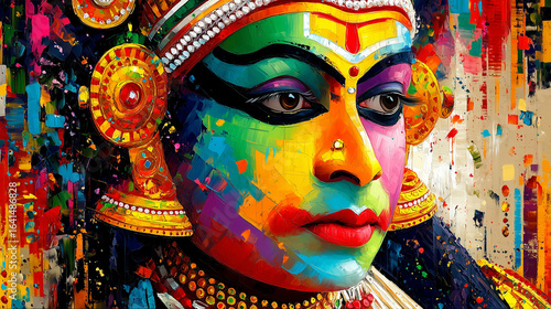 Colorful modern impressionist painting captures the soul of a traditional Kathakali performer, with vibrant abstract brushstrokes detailing the intricate facial makeup and headdress.