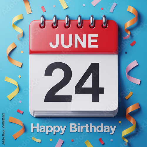 June 24th Birthday Calendar with Ribbons and Confetti on Blue Background A Cheerful Reminder of a Special Day Marked with Festive Decorations