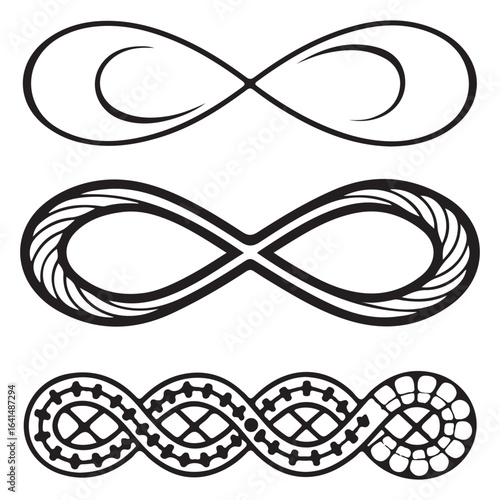 Collection of infinity symbols isolated on white background representing eternity and limitless possibilities in mathematics