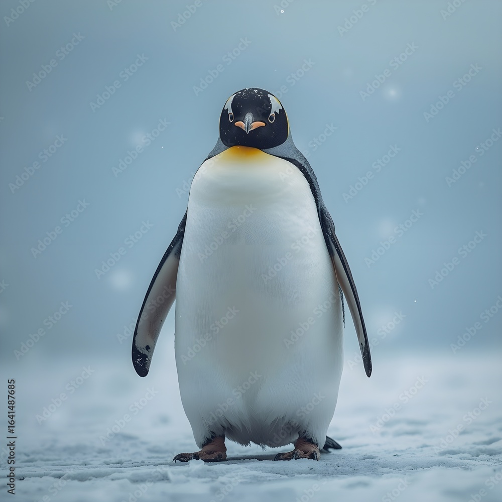 Obraz premium Majestic Penguin Standing on Snowy Terrain with Gentle Snowfall and Blue Sky