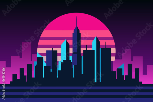 Retro city skyline sunset