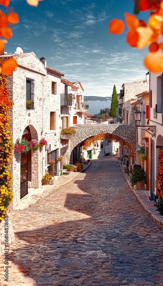 Naklejka premium Charming European Streets with Cobblestone Walkways, Vibrant Architecture, and Autumn Colors