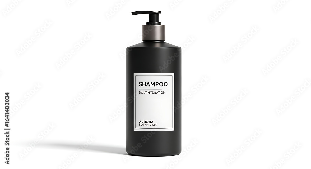 Obraz premium A black plastic bottle of shampoo with a pump top, displaying a minimalist white label.