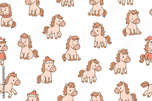 Seamless pattern of Cute Horses for Chinese New Year 2026, flat vector illustration. Zodiac sign, kawaii animal character. Traditional festive design elements