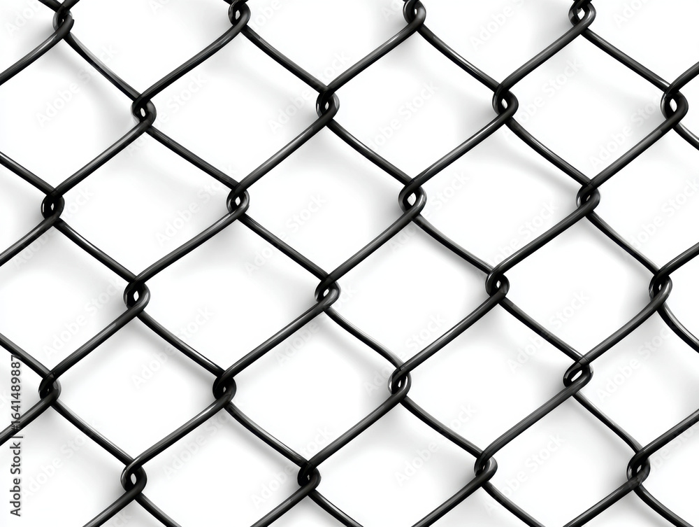 Fototapeta premium Chain link fence metal wire black isolated on white background close up geometric pattern security protection industrial strong durable minimalist style