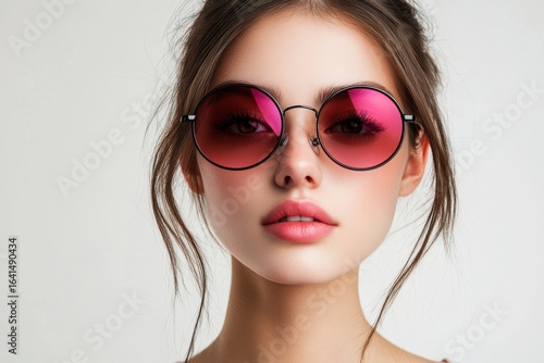 Chic Glamour Portrait with Round Sunglasses Young Woman Beauty Fashion on transparent background
