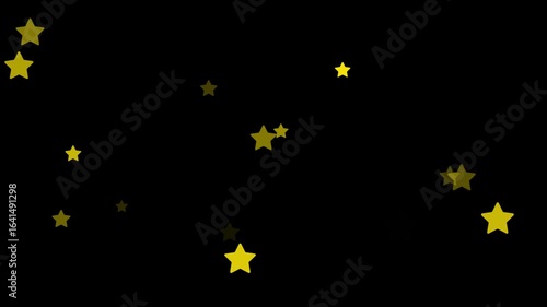 Cartoon yellow star faded particles on black screen, up and down 2d animation