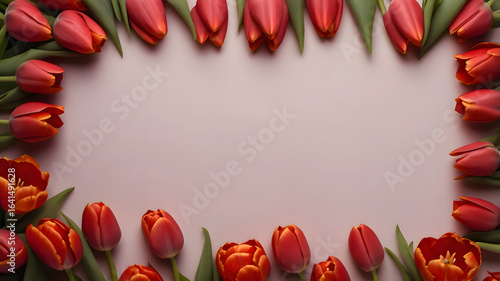 "Beautiful Floral Frame with Blooming Red Tulips"