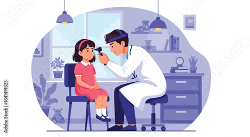 Adobe illustrator vector flat style illustration of a female ENT doctor or otolaryngologist examining a young kid's ear, highlighting pediatric ear health check-ups and specialized care