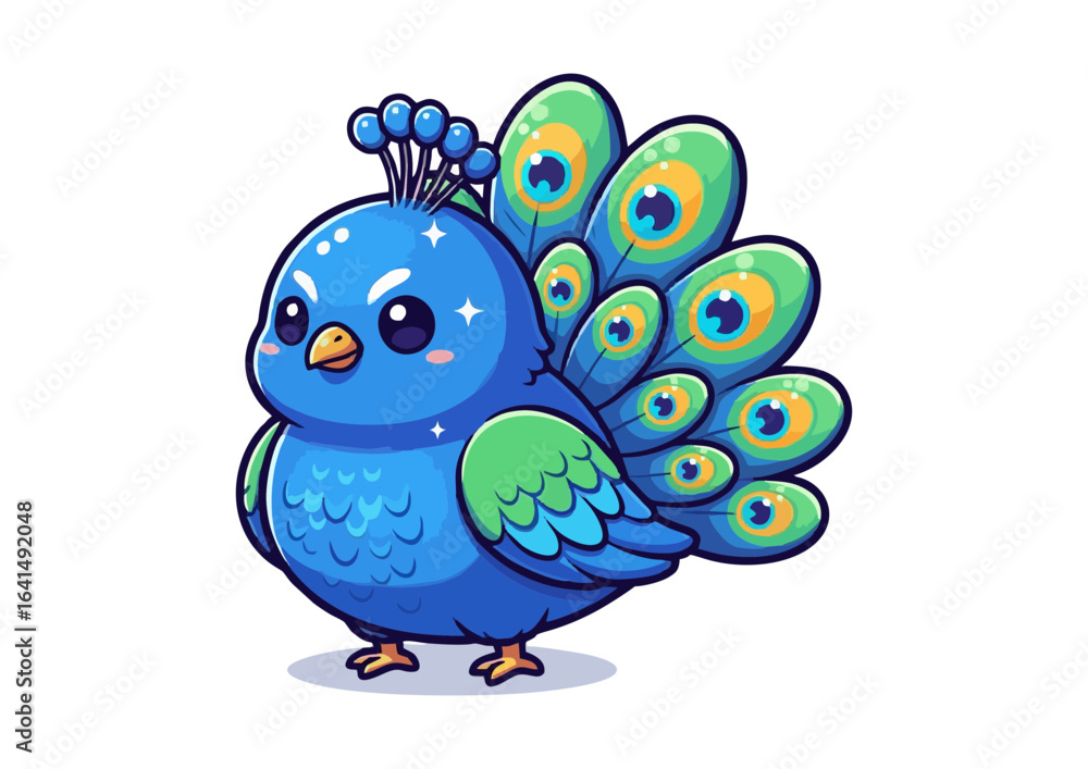 Fototapeta premium Cute blue peacock character with a happy face
