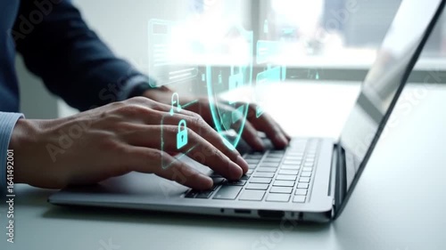 Wallpaper Mural Cybersecurity professional types on laptop with digital shield graphic overlay, data protection, network security, encryption, VPN, online safety concept. Torontodigital.ca