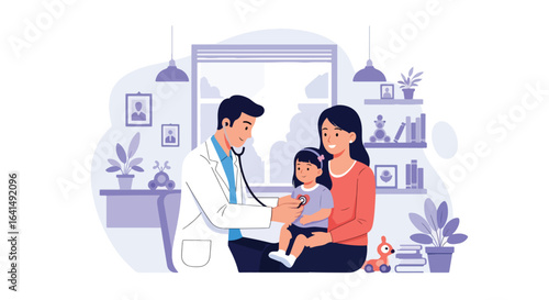 Adobe illustrator vector flat style illustration of a doctor pediatrician examining a young kid's chest with a stethoscope while his mother is present, for kids' health check-ups
