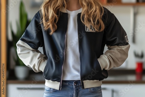 Young style fashion with bomber jacket Lifestyle portrait of woman with on transparent background