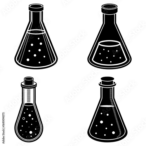 Four black and white laboratory flasks with liquids and bubbles for scientific experiments and research work