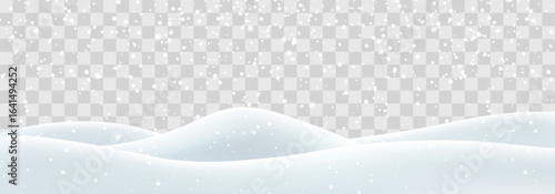 Vector heavy snowfall with snowbanks field. Snow landscape decoration, frozen hills isolated on png background. Snow flakes, snow and blizzard falling on snowdrifts. Christmas vector illustration