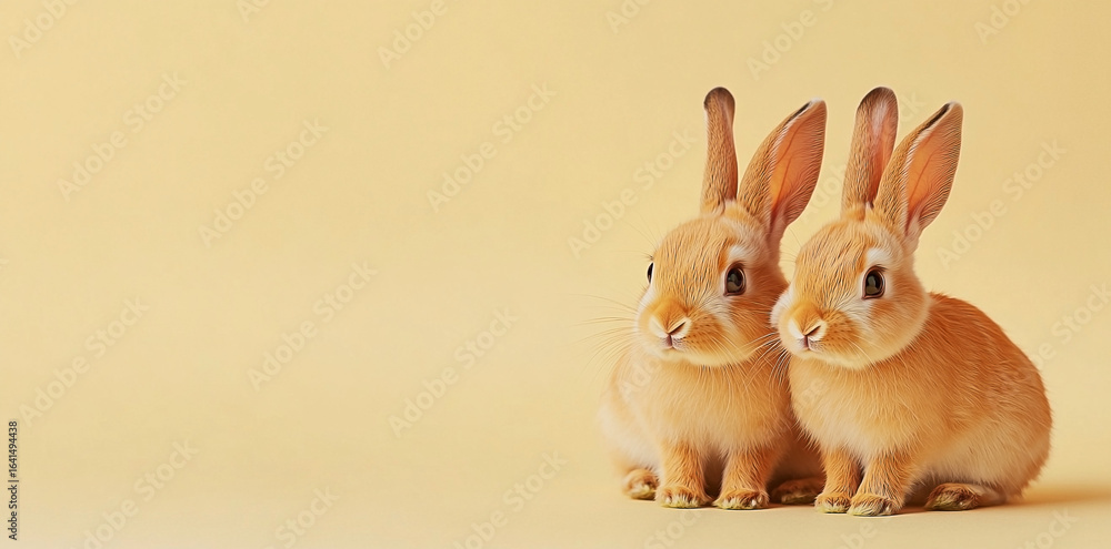 Obraz premium Two adorable golden bunnies posing against a pastel background with copy space