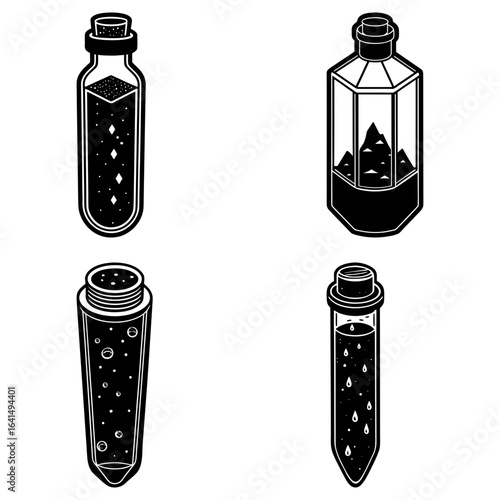 Illustration of four different potion bottles filled with various substances in black and white style