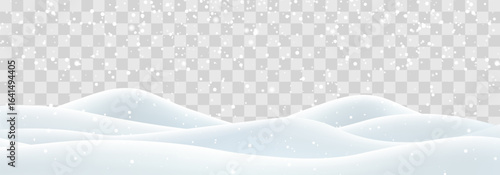 Vector heavy snowfall with snowbanks field. Snow landscape decoration, frozen hills isolated on png background. Snow flakes, snow and blizzard falling on snowdrifts. Christmas vector illustration