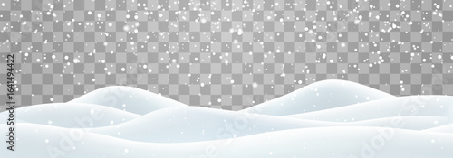 Vector heavy snowfall with snowbanks field. Snow landscape decoration, frozen hills isolated on png background. Snow flakes, snow and blizzard falling on snowdrifts. Christmas vector illustration