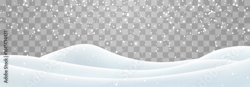 Vector heavy snowfall with snowbanks field. Snow landscape decoration, frozen hills isolated on png background. Snow flakes, snow and blizzard falling on snowdrifts. Christmas vector illustration