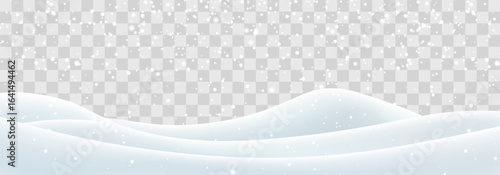 Vector heavy snowfall with snowbanks field. Snow landscape decoration, frozen hills isolated on png background. Snow flakes, snow and blizzard falling on snowdrifts. Christmas vector illustration