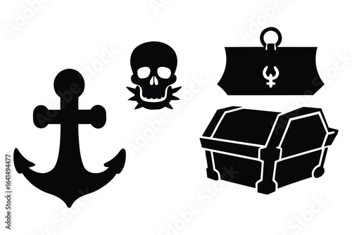 Pirate icons anchor skull treasure chest and money bag