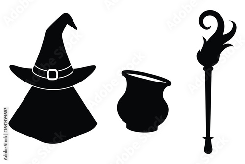 Witch s hat cauldron and staff silhouette icons