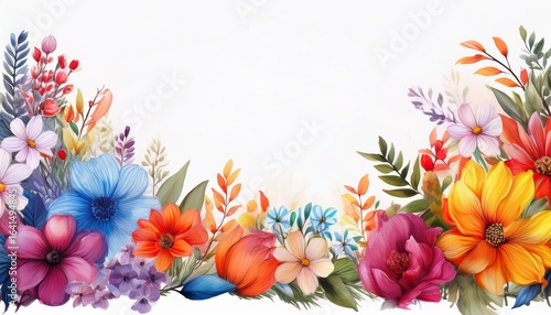colorful floral border with various flowers on a blank white background