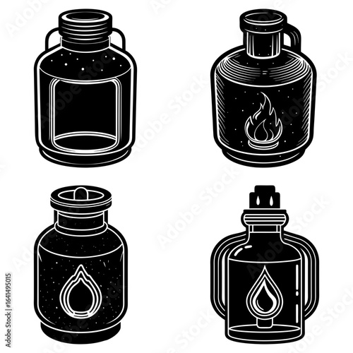 Illustration featuring four unique black and white bottles with distinct designs and shapes displayed clearly