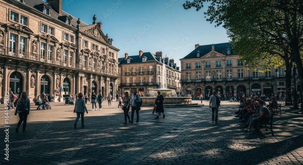 Naklejka premium Cobbled square with classic buildings, people walking, and a fountain