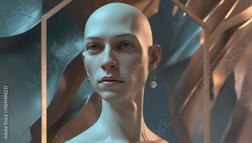 An androgynous being of alabaster and serene gaze, forever framed in silent, gilded geometry — exploring the tension between the eternal,statuesque form and the fleeting spark of a soul captive inside