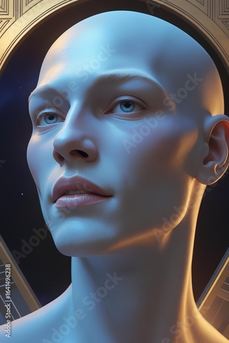An androgynous being of alabaster and serene gaze, forever framed in silent, gilded geometry — exploring the tension between the eternal,statuesque form and the fleeting spark of a soul captive inside