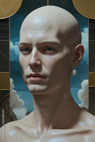 An androgynous being of alabaster and serene gaze, forever framed in silent, gilded geometry — exploring the tension between the eternal,statuesque form and the fleeting spark of a soul captive inside
