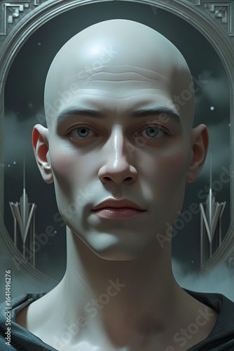 An androgynous being of alabaster and serene gaze, forever framed in silent, gilded geometry — exploring the tension between the eternal,statuesque form and the fleeting spark of a soul captive inside