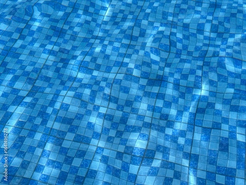 A close-up view of a swimming pool with shimmering blue water and a tiled bottom. The rippling water creates beautiful light reflections, offering a tranquil and refreshing background.