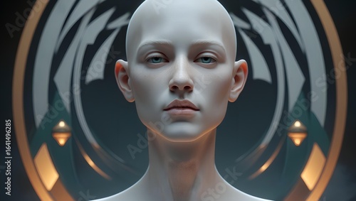 An androgynous being of alabaster and serene gaze, forever framed in silent, gilded geometry — exploring the tension between the eternal,statuesque form and the fleeting spark of a soul captive inside