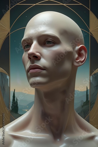 An androgynous being of alabaster and serene gaze, forever framed in silent, gilded geometry — exploring the tension between the eternal,statuesque form and the fleeting spark of a soul captive inside