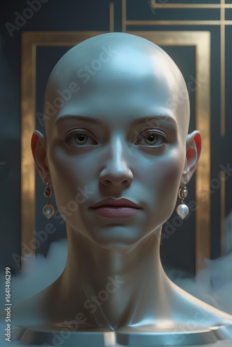 An androgynous being of alabaster and serene gaze, forever framed in silent, gilded geometry — exploring the tension between the eternal,statuesque form and the fleeting spark of a soul captive inside