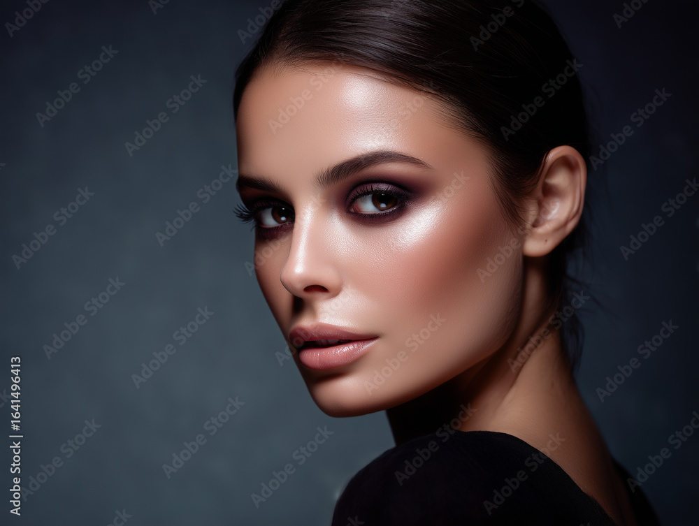 Fototapeta premium Beauty Portrait of a Woman with Smoky Eye Makeup and Glowing Skin 