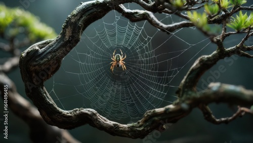 Spider on intricate web framed by dark, twisted tree branches