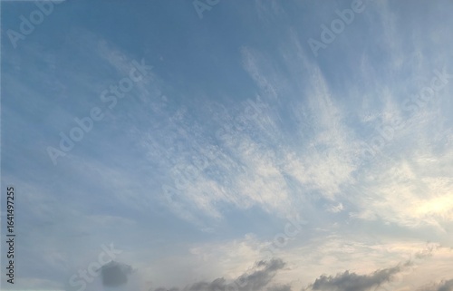 A vast expanse of a clear blue sky as the background, with several wispy white clouds floating gently. 